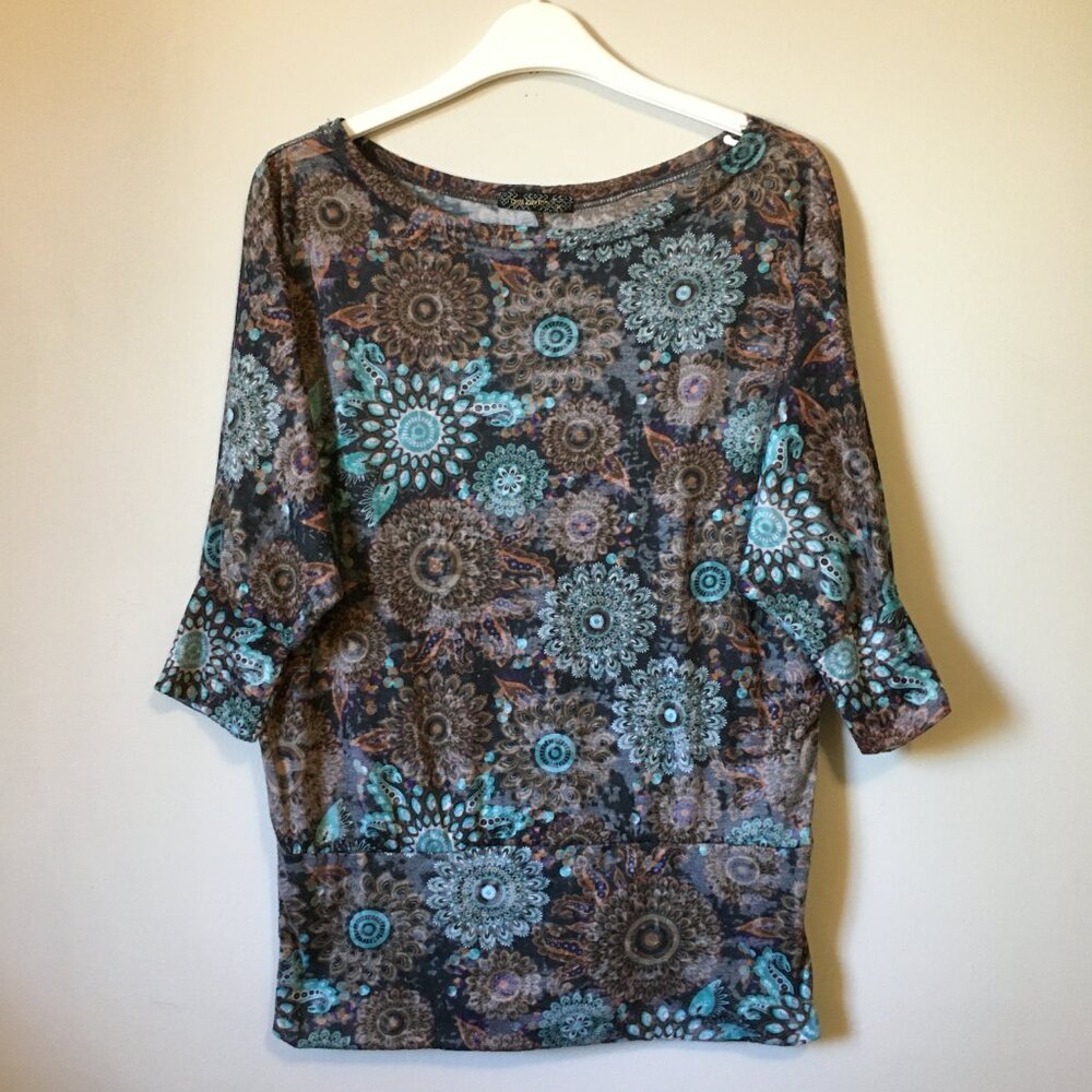 QED LONDON Y2K Whimsigoth Sheer Mesh Mandala Dolman Top M